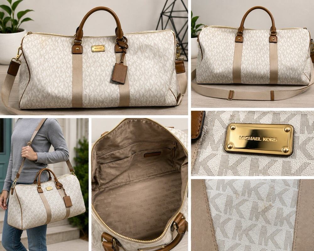 Michael Kors Large Signature MK Weekender Duffel Travel Bag Vanilla Brown